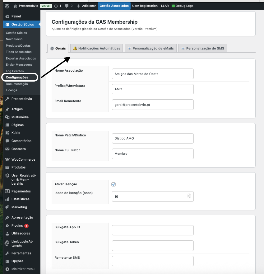 Separador Configurações gerais