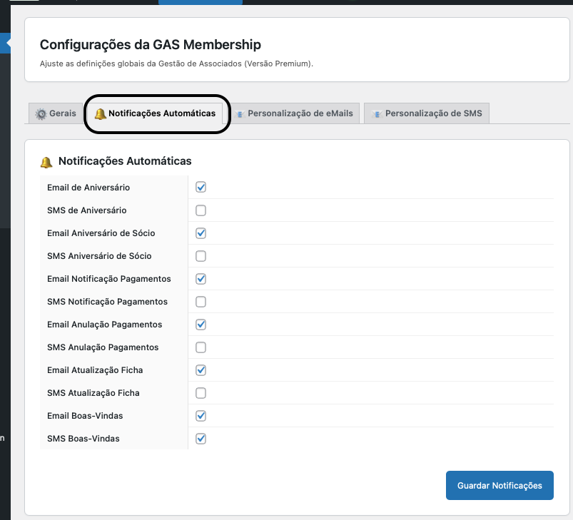Separador Configurações Notificações