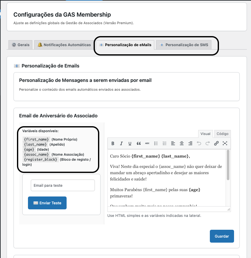 Separador Configurações personalização de mensagens