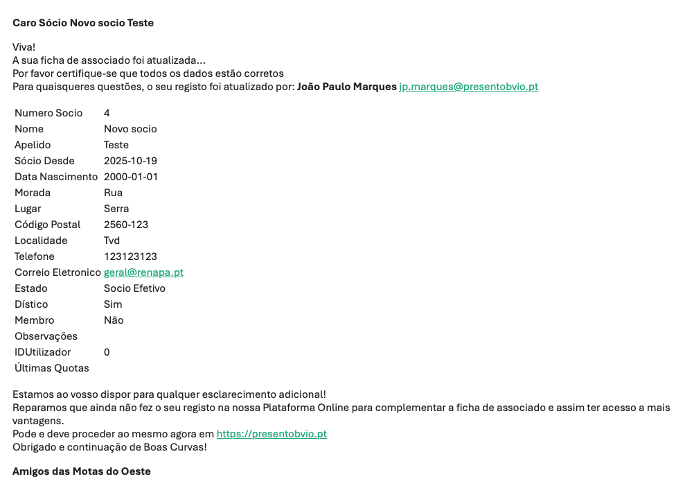 Exemplo de email de confirmação de atualização do associado