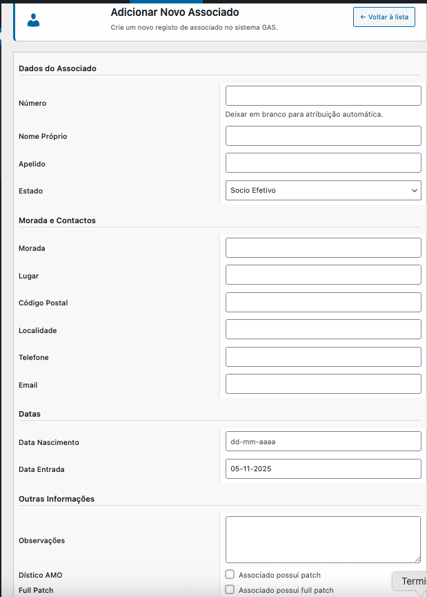 Menu Ficha Novo Associado