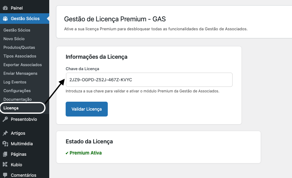 Menu Licença