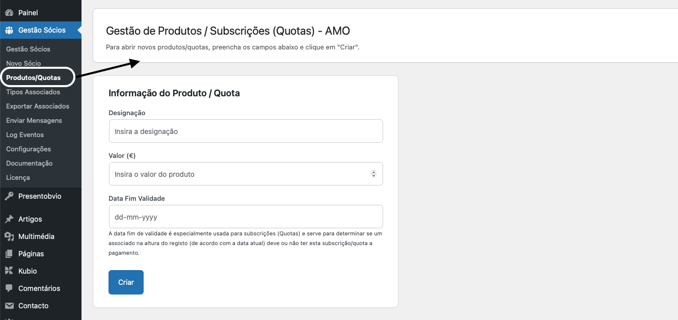 Menu Produtos e Subscrições