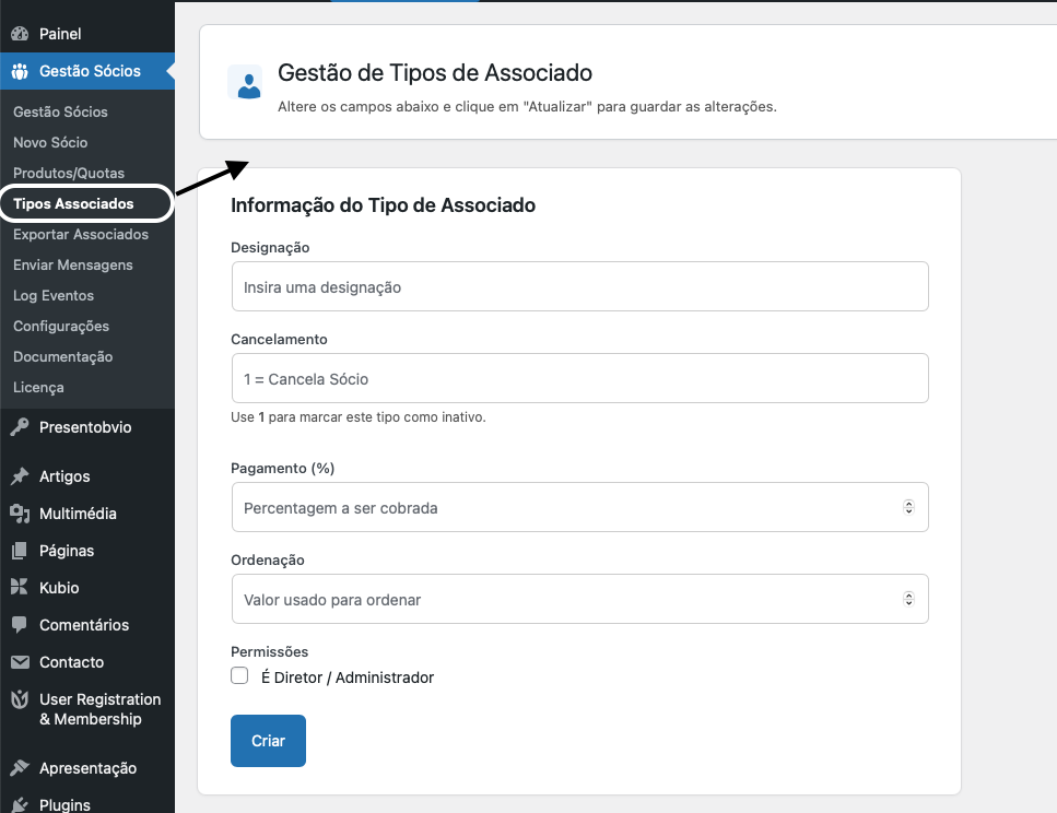 Menu Tipos de Associados