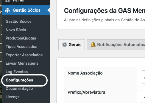 Menu: Gestão de Associados › Configurações gerais